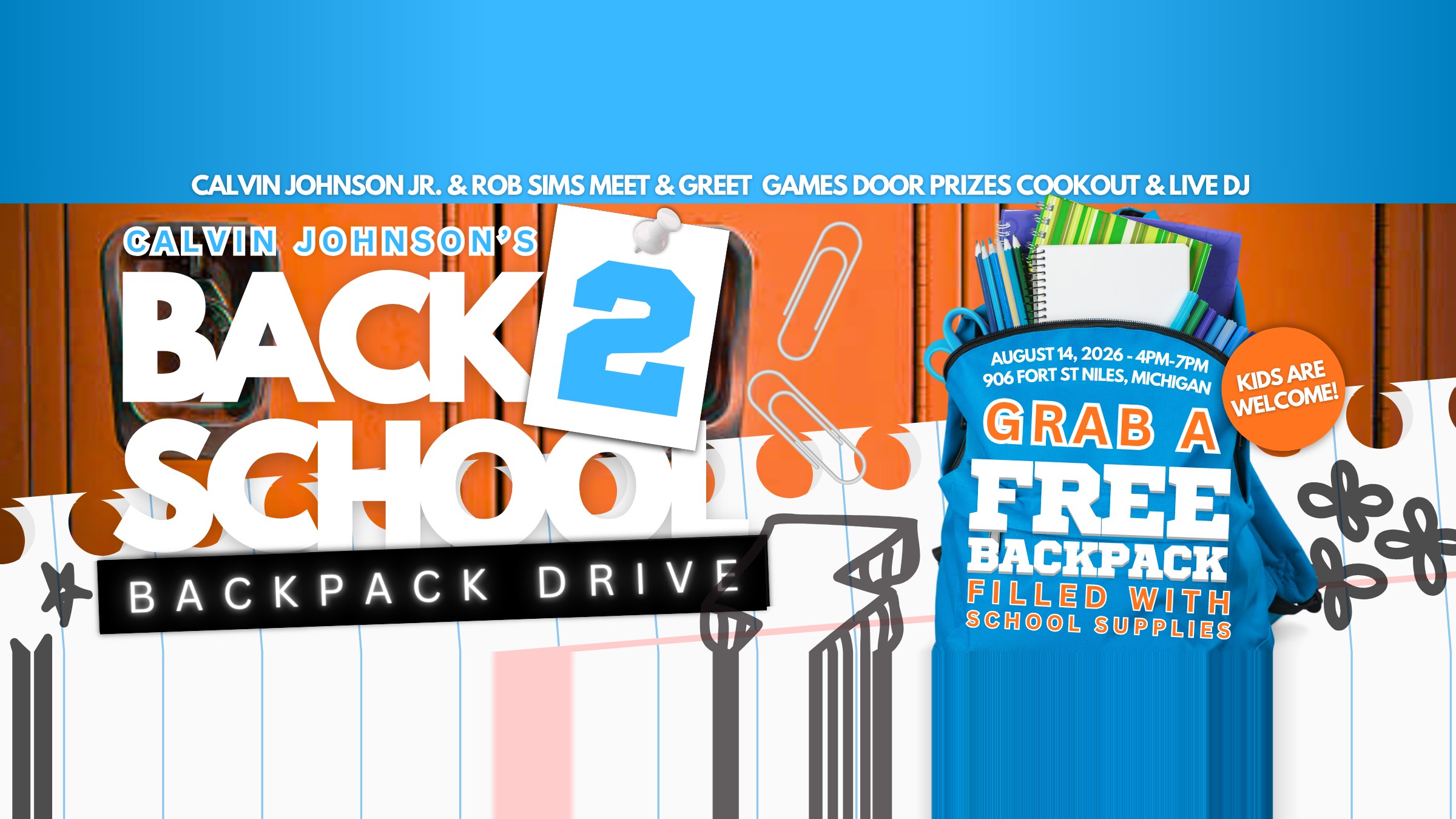 Calvin Johnson Jr. and Rob Sims Host a Back 2 School Backpack Drive in Niles on August 14